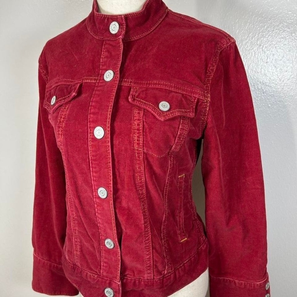 Vintage Y2K '04 GAP Red Corduroy Denim Jacket Cropped Snap Buttons Womens XS - Picture 2 of 8